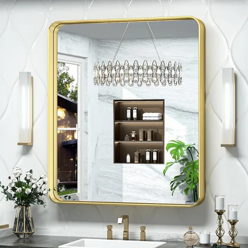 Vista 40 de TokeShimi Espejo de pared de baño de níquel cepillado de 20 x 30 pulgadas, marco de metal, esquina redonda, rectangular, para decoración del hogar