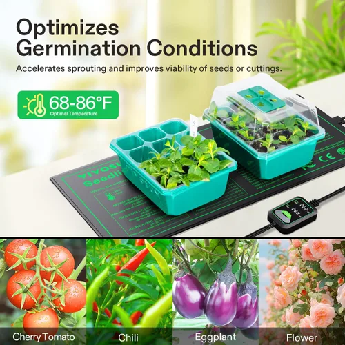 Vista 6 de VIVOSUN Tapete térmico para plántulas de 10"x20.75" con controlador de temperatura integrado, almohadilla térmica para plantas impermeable