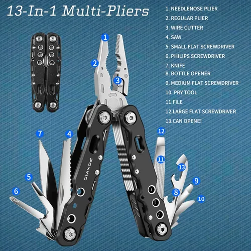 Vista 5 de Juego de regalo multiherramienta para hombres, para papá, él, kit de supervivencia EDC 3 en 1 con alicates múltiples 14 en 1, cuchillo de bolsillo