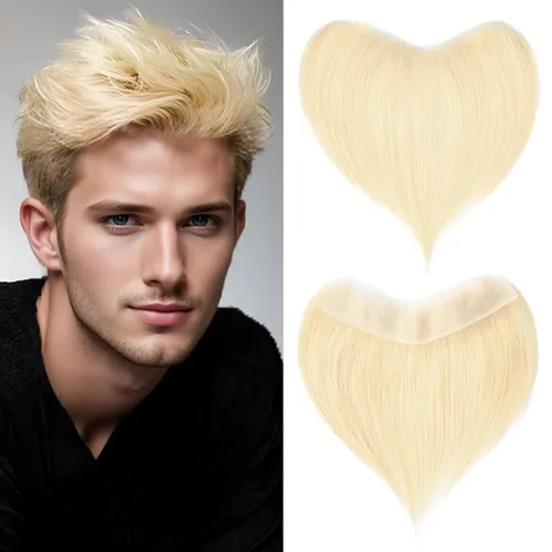 Vista 19 de Extensión frontal de cabello rubio claro para hombres, extensión de cabello lacio con pérdida de línea de cabello humano con cinta adhesiva