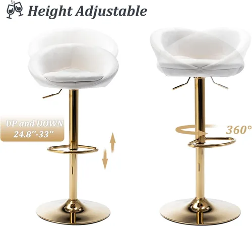 Vista 4 de CIMOTA Juego de 2 taburetes de bar ajustables de terciopelo blanco con respaldo abiertobase dorada para isla, hogar, bar, comedor, cocina, bistró