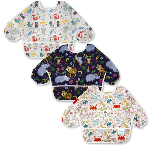 Vista 11 de Juego de baberos de manga larga de 3 piezas, baberos impermeables para bebés con bolsillo, babero para niños pequeños con mangas, bata resistente a