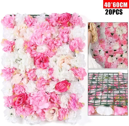 Vista 2 de Paquete de 20 paneles de pared de flores artificiales de 24 x 16 pulgadas, paneles de fondo de flores artificiales de hortensias y rosas