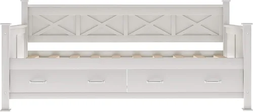 Vista 6 de Sofá cama de madera maciza con 2 cajones de almacenamiento, marco de cama de día tamaño individual con respaldo y reposabrazos en forma de X, marco