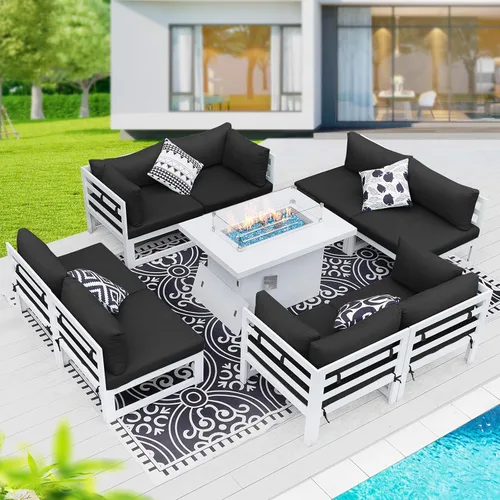 Vista 21 de BULEXYARD Juego de 7 piezas de muebles grandes de aluminio para patio al aire libre con mesa rectangular con fogón, asiento profundo de 29