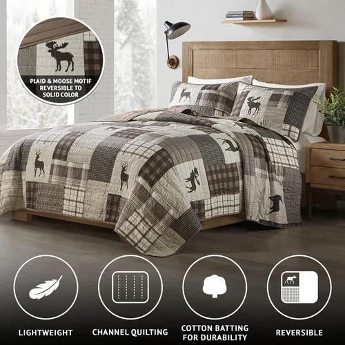 Vista 4 de Woolrich Juego de edredón reversible – Estilo cabaña invertido a color sólido, colcha ligera para todas las estaciones, capa de ropa de cama