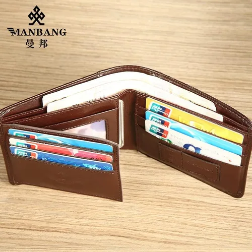 Vista 5 de Cuero de vaca auténtico cartera de lujo para hombre, de lujo, original, de tres pliegues, primera capa, de piel vacuna, horizontal, moda, Café