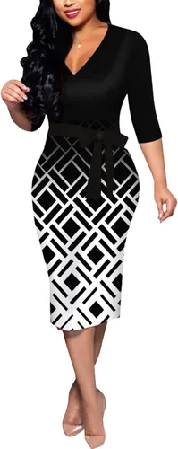 Vestido sexy de iglesia de manga 34 para mujer, cuello en V, estampado floral, vestido de oficina con cinturón