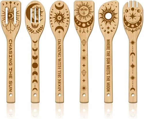 Vista 10 de GLOBLELAND Juego de 6 cucharas de cocina de bambú de adivinación mágica, juego de cucharas de cocina grabadas de madera, juego de espátulas de bambú