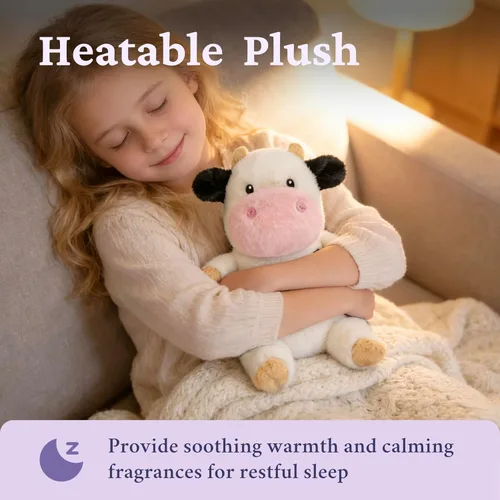 Vista 2 de IKASA Animal de peluche de vaca con peso para microondas, 1.5 libras, calentable y refrigerable con aroma a lavanda para mayor comodidad y calidez