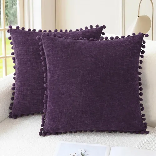CaliTime Juego de 2 fundas de cojín decorativas de 18 x 18 pulgadas, fundas de cojín de felpilla suave teñidas con pompones para sofá, cama, sala de