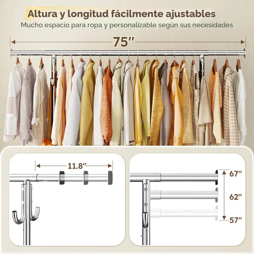 Vista 3 de Raybee Perchero resistente de 75 pulgadas extra ancho, 450 libras con 4 ganchos, ruedas bloqueables, perchero de metal para dormitorio, lavandería