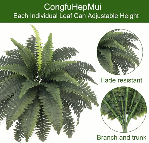 Vista 7 de Helechos artificiales para exteriores e interiores de 33 pulgadas de extensión, 2 tallos grandes, helecho Boston falso, plantas artificiales de seda