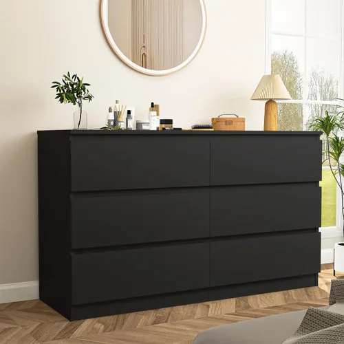 Vista 9 de Spaco Cómoda negra para dormitorio, cómoda moderna de 6 cajones con cajón profundo, amplia cómoda de almacenamiento, muebles organizadores