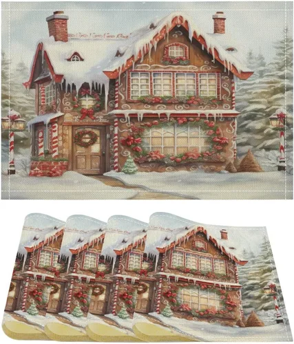 Christmas House, Gingerbread Table Placemats Set of 4 Merry Christmas Gingerbread Cafe Heat-Resistant Tablemats Kitchen Table Mats Cotton Linen