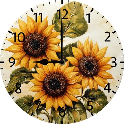 Vista 8 de Reloj de pared de madera de girasol, relojes de pared de granja, funciona con pilas, reloj de pared analógico de 10 pulgadas, reloj de pared