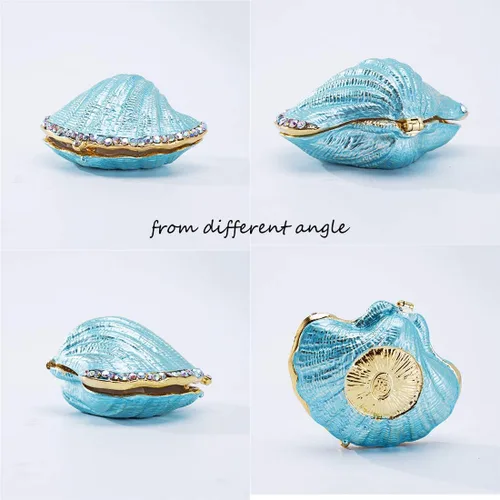 Vista 4 de H&D HYALINE & DORA Caja de metal y cristal para anillos, figura pequeña de concha de mar, centro de mesa coleccionable (mejillón perlado)