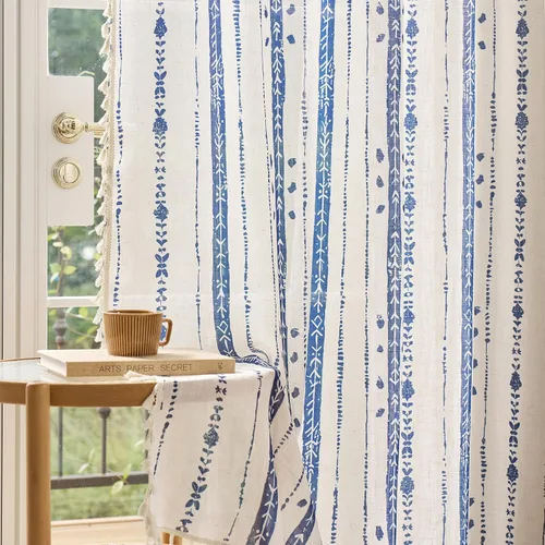 Vista 16 de Juego de 2 paneles de cortinas de lino bohemio, cortinas de semi privacidad para sala de estar, cortinas rústicas de campo de 54 pulgadas de largo