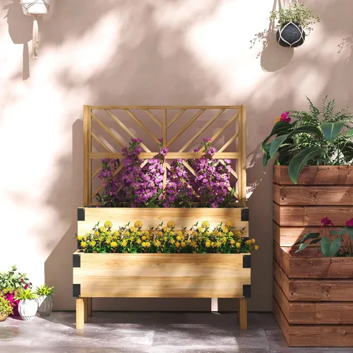 Vista 2 de Outsunny Cama de jardín elevada con enrejado, maceta elevada de madera de 2 niveles con patas y esquinas de metal para verduras, flores, hierbas