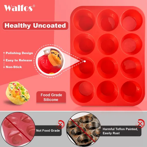Vista 2 de Juego de moldes de silicona para magdalenas Walfos - Molde de silicona regular de 12 tazas y molde de cupcakes mini de 24 tazas - Libre de BPA