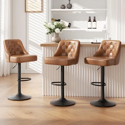 Vista 45 de Juego de 2 taburetes de bar, taburete de bar ajustable con respaldo, sillas de bar tapizadas de piel sintética, taburetes de bar giratorios modernos
