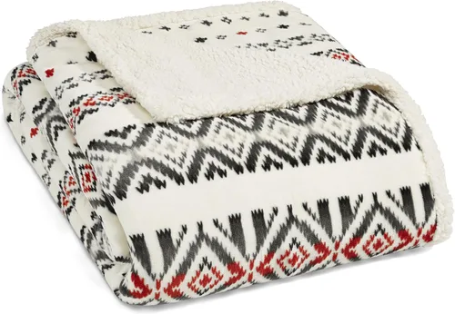 Eddie Bauer - Manta Queen, ropa de cama reversible de forro polar sherpa, decoración del hogar suave y acogedora (rojo de montaña Village, Queen)