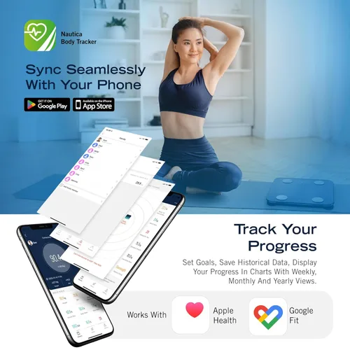Vista 2 de Nautica Báscula digital de baño Body Tracker, báscula inteligente habilitada para Bluetooth con IMC, grasa corporal, seguimiento de masa muscular