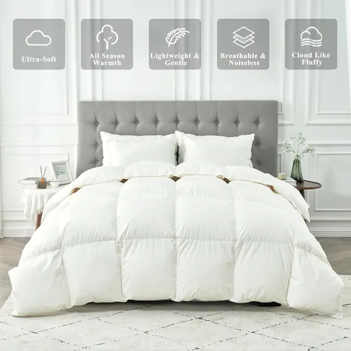 Vista 2 de Edredón de plumas de ganso tamaño King, relleno de edredón esponjoso blanco para todas las estaciones, para calidez media, funda de 100% algodón