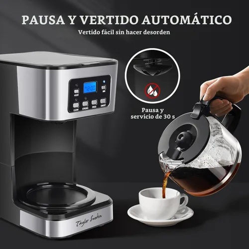 Vista 5 de Taylor Swoden Cafetera programable de 12 tazas, cafetera de goteo regular y fuerte para el hogar y la oficina, jarra de vidrio, pausa y servicio