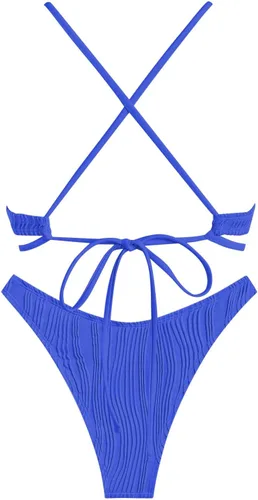Vista 2 de ZAFUL Bikini de dos piezas para mujer con textura cruzada de metal de pierna alta