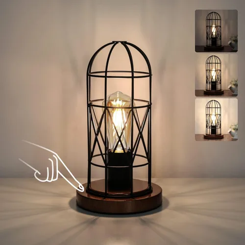 Vista 8 de Pequeña Lámpara Industrial, Lámpara de Mesa de Control Táctil Regulable de 3 Vías, Lámpara Edison Steampunk de Hierro Rústico Vintage, Lámpara