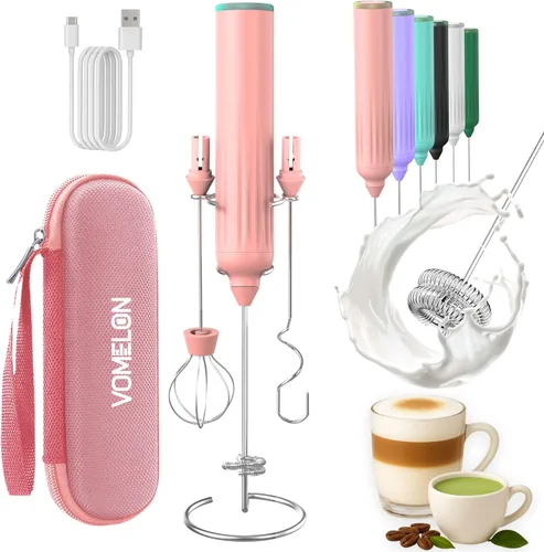 Vista 12 de Espumador de leche de mano, recargable de 3 velocidades, batidor de bebida con 3 cabezales de acero inoxidable, batidor eléctrico USB C para café