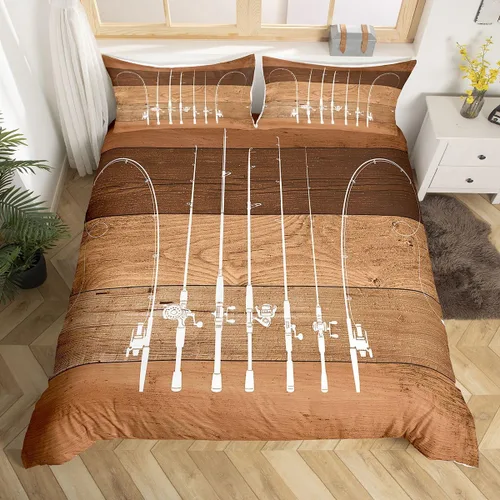 Vista 14 de Juego de ropa de cama de peces para hombres, ropa de pesca en hielo, funda de edredón de pesca retro acuarela de madera con anzuelo de madera