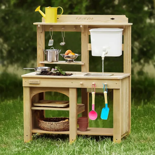 Tiny Land Cocina de barro al aire libre para niños, cocina de madera con tanque de agua, juego de agua y cocina, diversión sensorial, resistente a