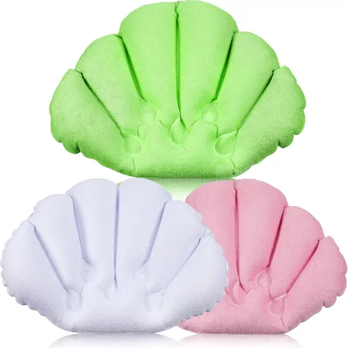 Vista 8 de Almohada inflable de baño de 3 piezas con ventosas, cubierta de tela de rizo en forma de concha para bañera o spa, cojín cómodo y suave, soporte