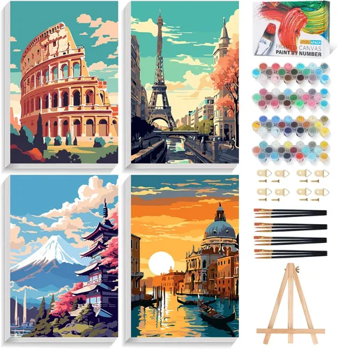 Offito Paquete de 4 pinturas enmarcadas por números para adultos principiantes con caballete de madera, kit de pintura fácil de paisaje por números
