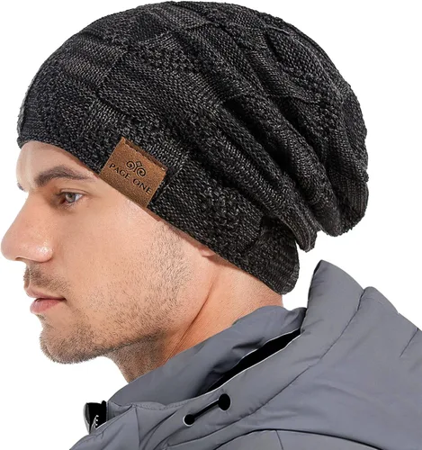 Vista 2 de PAGE ONE Mens Winter Slouchy Beanie Warm Fleece Lined Skull Cap Baggy Cable Knit Hat