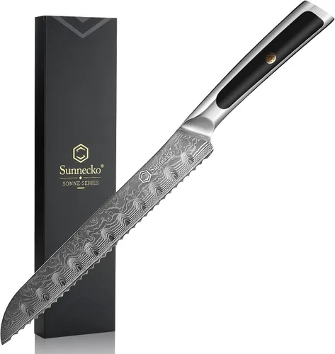 Sunnecko Cuchillo de pan de 8 pulgadas, cuchillo de pan serrado para pan casero con hoja de acero de Damasco VG10 de 67 capas, cuchillo de pan