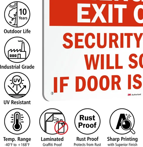 Vista 7 de SmartSign Letrero de metal con texto en inglés «Emergency Exit Only – Security Alarm Will Sound If Door Is Opened», aluminio de 63 mil