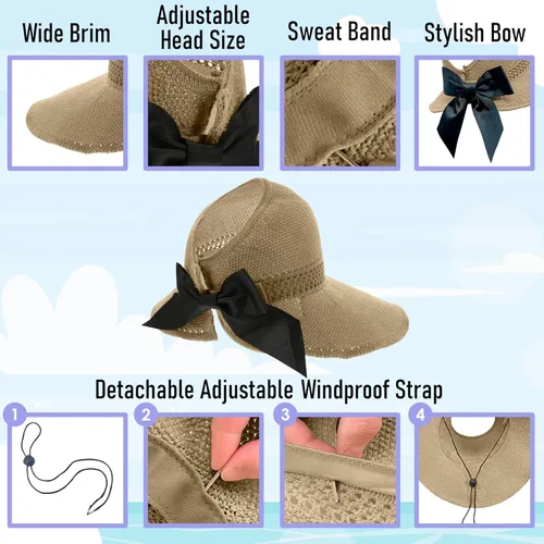 Vista 4 de Visera solar de paja para mujer, ala ancha, protección UPF 50+, sombrero de playa, ajustable, plegable, gorra de cola de caballo con correa