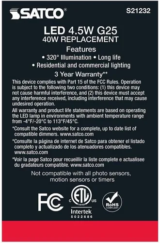 Vista 7 de Satco S21232 4.5G25/LED/WH/940/120V - Paquete de 6