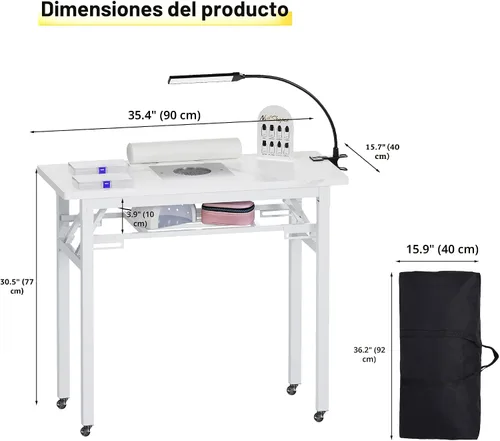 Vista 4 de Mesa de manicura plegable portátil con colector de polvo, escritorio de tecnología de uñas rodante con lámpara LED, reposamuñecas, ruedas