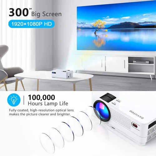 Vista 2 de Proyector Native 1080P con WiFi y Bluetooth bidireccional, proyector de películas Full HD para películas al aire libre, proyector de pantalla de 300