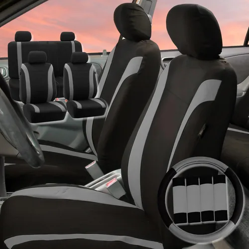 Vista 9 de FH Group Juego completo de fundas de asiento de automóvil, de tela plana cosmopolitan, accesorios de automóvil, color beige, combo de funda