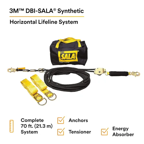 Vista 2 de 3M DBI-SALA 7600507 sistema de vida horizontal, cuerda de núcleo de 70 pies con tensor, absorción de energía, dos adaptadores de amarre de 6 pies