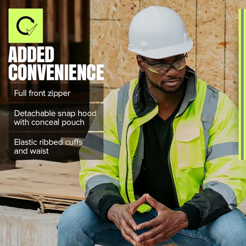 Vista 5 de Pioneer Hi Vis Work Jacket for Men - Waterproof Safety Bomber - Class 3 Winter Jacket with Reflective Tap, Hood, Pockets