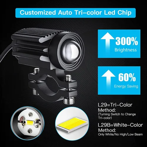 Vista 2 de 2 luces de conducción de motocicleta, 12000 lm, tricolor, mini luces LED, luces antiniebla, 60 W, 6000 K, proyector auxiliar blanco ámbar súper