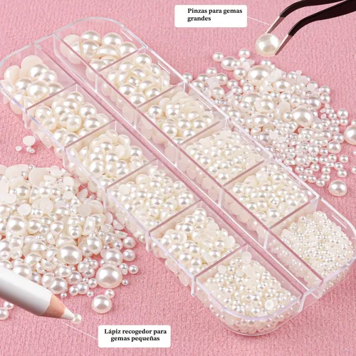 Vista 4 de Kit de 2700 perlas con parte trasera plana, 1 caja de color blanco con parte trasera plana + 1 caja de perlas pequeñas de color beige medio redondo