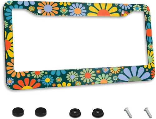 Marco de matrícula de flores hippie abstractas de acero inoxidable, bonito marco floral para placa de auto con 2 agujeros y tornillos, 12 x 6