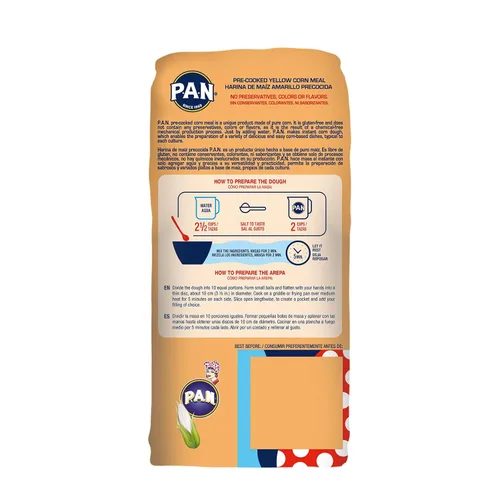 Vista 3 de P.A.N. Harina de maíz amarillo – Harina de maíz precocinada sin gluten y kosher para Arepas (2.2 lb/paquete de 4)